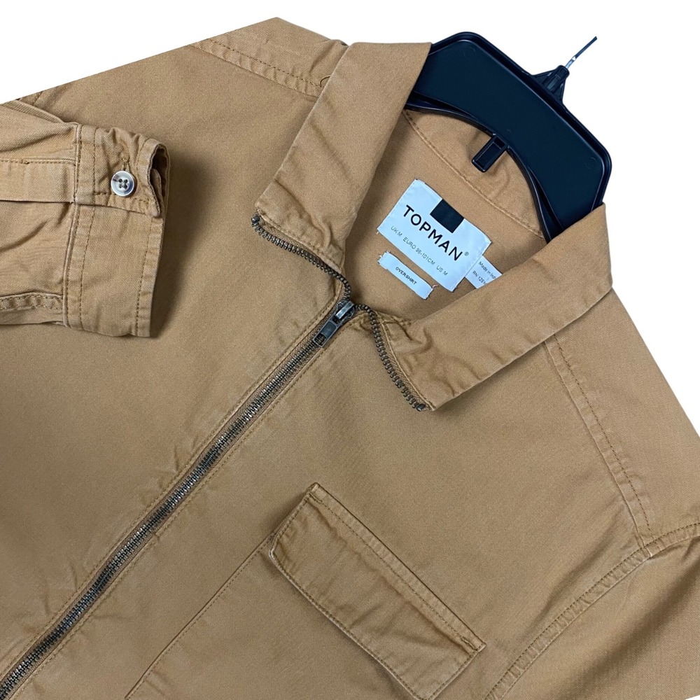 Topman Full Zip Cotton Twill Utility Overshirt Jacket Mens Medium Tan Brown